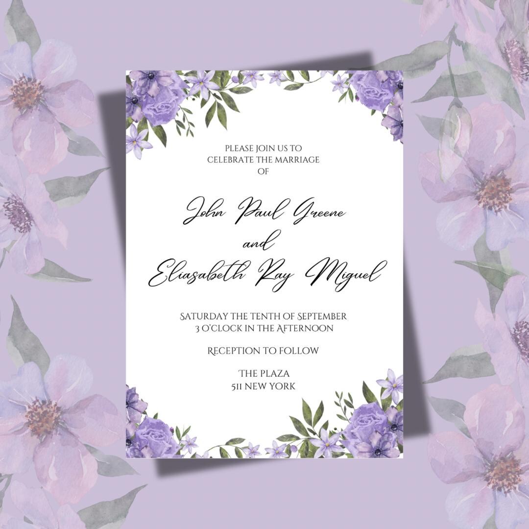 Wedding Invitation, Purple Flower Wedding Invitation Template, Digital ...