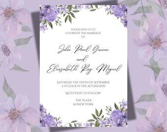 Wedding Invitation, Purple Flower Wedding Invitation Template, Digital Download