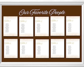 May include: A seating chart for a wedding or event with the title "Our Favorite People". The chart is divided into ten tables, each with a table number and a list of names.