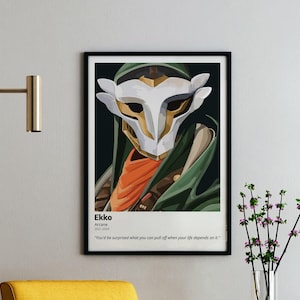 May include: Framed art print featuring a character from Arcane, Ekko, wearing a white and gold mask. The artwork has a dark green and orange color scheme. Text at the bottom reads "Ekko Arcane 2021-2024" and a quote.