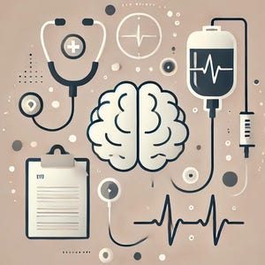 Könnte beinhalten: Eine Schwarzweißillustration eines Gehirns mit einem Stethoskop, einem Klemmbrett mit Linien, einem Herzfrequenzmonitor und einer Infusionstasche mit einem Herzfrequenzmonitor-Diagramm. Der Hintergrund ist hellbraun.