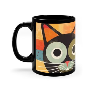 The Abstract Cat - 11oz Black Mug, Mid-Century Modern Cat Mug, Cute Cat Coffee Mug, Cat Lover Gift, Colorful Retro Coffee Mug