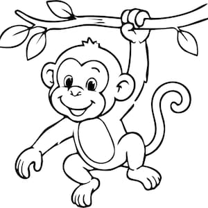 Könnte beinhalten: Eine schwarz-weiße Strichzeichnung eines Cartoon-Affen, der mit einer Hand an einem Ast hängt. Der Affe hat ein rundes Gesicht, große Augen, einen lächelnden Mund und einen langen, geringelten Schwanz, dargestellt mit klaren, kräftigen Linien.