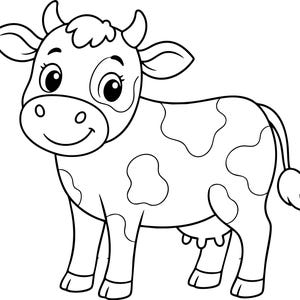 Puede incluir: Una ilustración de arte lineal en blanco y negro de una vaca de dibujos animados. La vaca presenta ojos grandes, cuernos pequeños y un patrón de manchas en su cuerpo. Está de pie en perfil lateral con una ubre visible y una cola con punta.