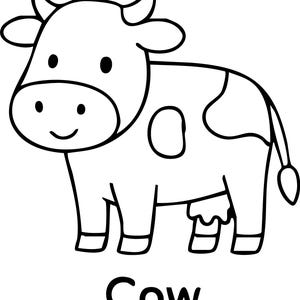 Puede incluir: Ilustración de una vaca de dibujos animados en blanco y negro, con una cara sonriente, cuernos y manchas. La palabra "Cow" está escrita en negrita, en negro, debajo de la imagen. Adecuado para materiales educativos para niños.