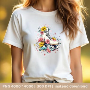 Retro Roller Skate PNG with Flowers | 300 DPI Sublimation Clipart | Cute Vintage Skate Art for Shirts & Stickers