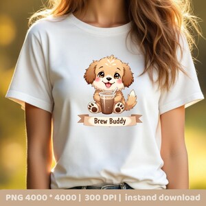 Brew Buddy-hond, png-bestand | Schattige koffie puppy clipart voor sublimatie | Kawaii Dog met Iced Latte | Cartoon huisdier koffiekunst