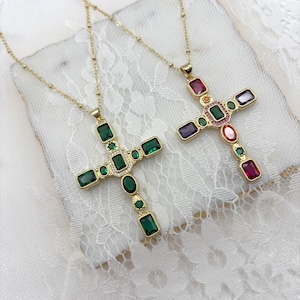 Emerald Green and Multi colors Cross Necklace: Dainty Design. Stylish Pendant. Christmas gift