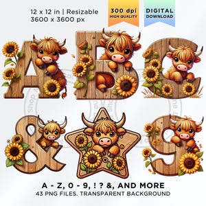 Highland Cow Alphabet Letter png, Sunflower Highland Cow png, Highland Cow Letters, Sunflower Letters, Wood Alphabet png, Highland Cow png