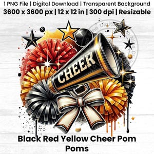 Black Red Yellow Cheer Pom Poms and Megaphone Pom Poms Cheerleading png Cheer Sublimation Cheerleader Cheer Bow Designs Cheer Red Black PNG