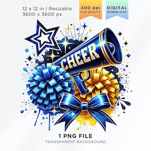 Dark Blue and Yellow Cheer Pom Poms and Megaphone Cheer Blue PNG Cheer Pom Poms Cheer Basketball Sublimation Cheer Bows Cheer Pom Yellow