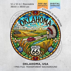 Vitral de Oklahoma PNG, Impresión artística de la Ruta 66, Impresiones artísticas de Oklahoma, Vitral de estados de EE. UU. PNG, Diseño de vitral PNG, Llaveros estatales