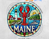 Maine Stained Glass PNG, USA States Stained Glass png, Maine png, Stained Glass Design png, Maine Artwork, Lobster Art, State Keychain png