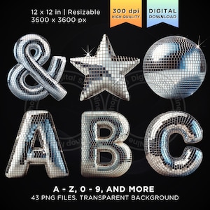 Retro Silver Disco Ball Letters Alphabet Font png Clipart Groovy Letters Star Disco Ball Glitter Letters png Individual Letters Commercial