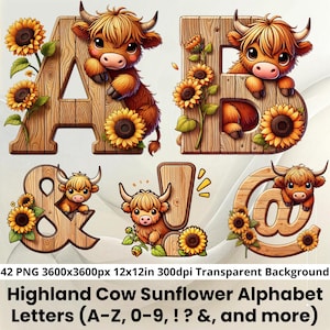 Letra do alfabeto de vaca das terras altas png, girassol vaca das terras altas png, letras de vaca das terras altas, letras de girassol, alfabeto de madeira png, vaca das terras altas png
