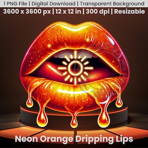 Neon Orange Dripping Lips png, Neon Glow Lips, dripping lips clipart, neon lips light, dripping lips shirt, lips artwork, neon png clipart