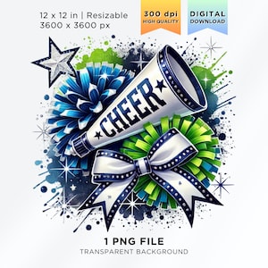 Navy Blue Lime Green White Cheer Pom Poms and Megaphone PNG Cheerleader Clipart Sublimation PNG Basketball Cheer png Cheerleading Megaphone
