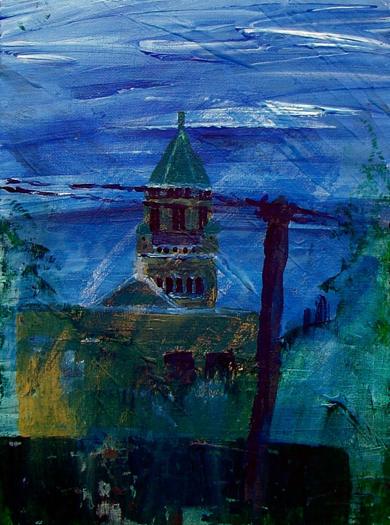 St. Mary's Old Tower Original Acrylic Painting and Ink on Canvas Board 9x12 image 1