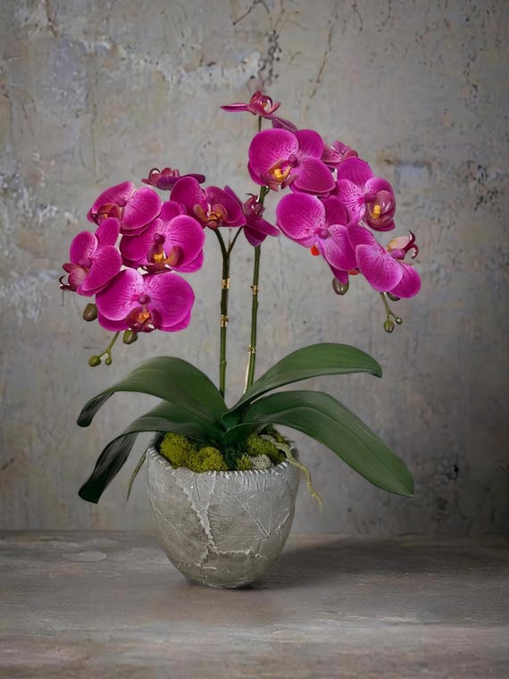 Elegant Faux Orchid Arrangement: Ceramic Pot & Moss Centerpiece