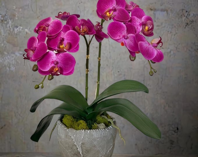 Luxury Faux Orchid Arrangement – Elegant Fuschia Orchid Centerpiece in Designer Vase | Realistic Artificial Flowers for Home or Office Décor