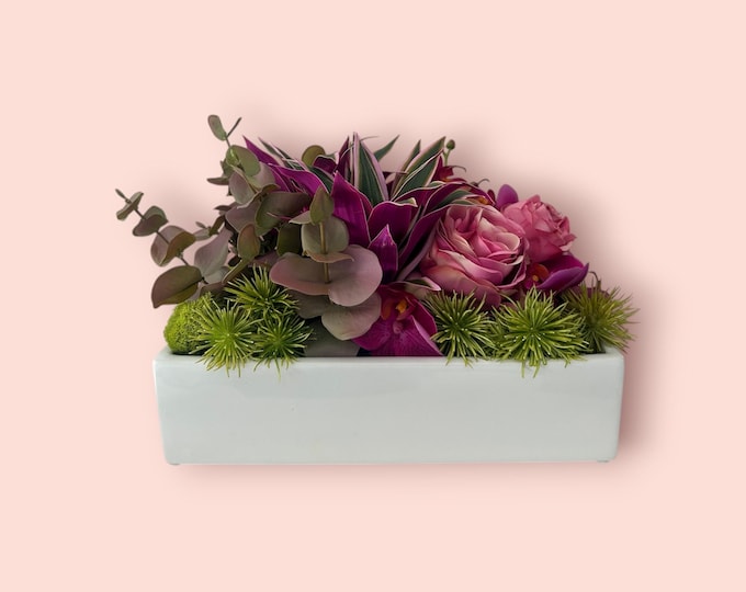 Pink Rose Floral Arrangement | Modern White Ceramic Vase Centerpiece