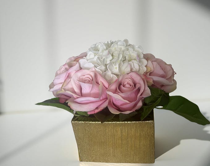 Fresh Touch Pink Roses & White Hydrangea | Faux Floral Arrangement | Gold Ceramic Vase | Handmade Centerpiece | Elegant Table Decor | Gift