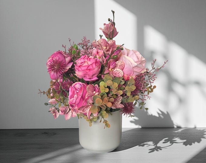 Faux Flower Arrangement Decor Fresh Touch Rose Flowers Feel Real Flowers Pink Gray Ceramic Vase