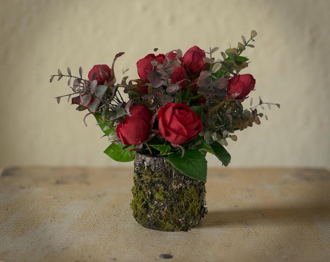 Rustic Faux Rose Arrangement: Mossy Bark Vase, Cottagecore Centerpiece