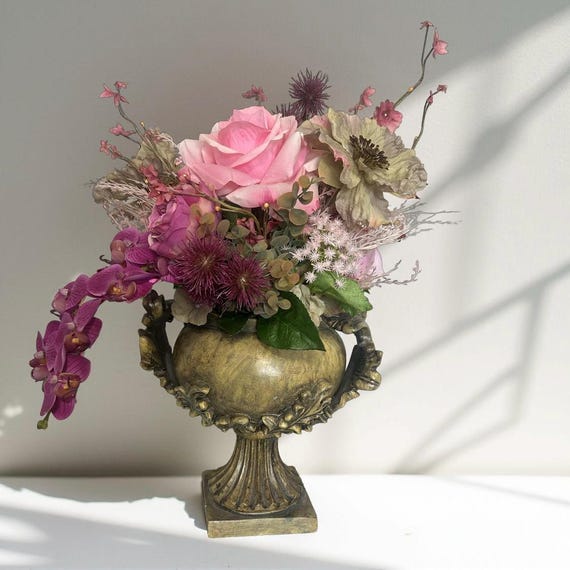 Vintage Vase Faux Floral Centerpiece – Pink Roses, Pampas Grass, Sage Poppies, Fuchsia Orchid