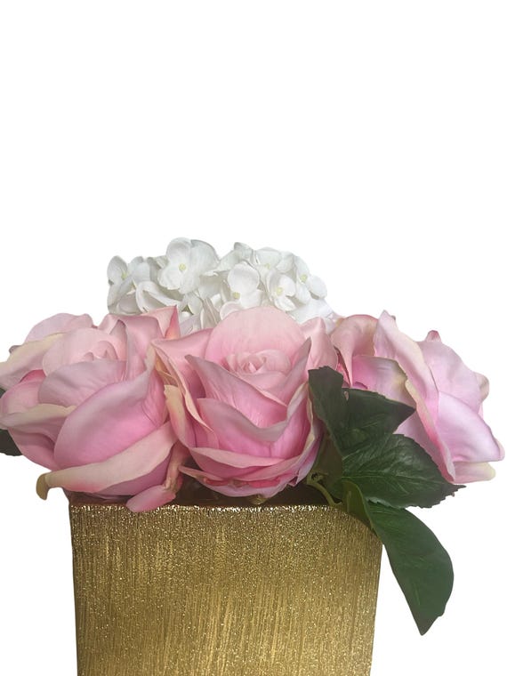 Handmade Pink Rose & White Hydrangea Arrangement: Gold Vase Centerpiece
