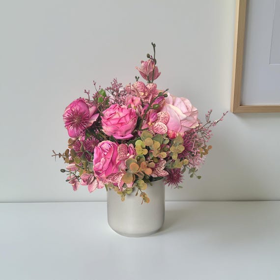 Faux Pink Rose Arrangement: Gray Ceramic Vase, Fresh Touch Floral Decor