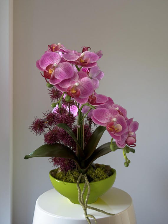 Green Vase with Pink Orchids