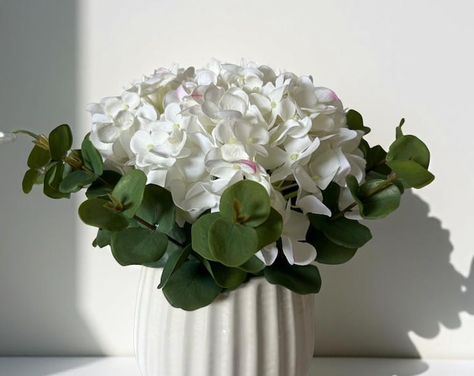 Artificial White Hydrangea Fresh Touch  With Eucalyptus In A White Ceramic Pot