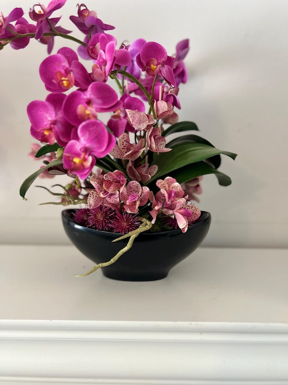 Magenta Silk Orchid Arrangement: Black Vase, Modern Home Decor