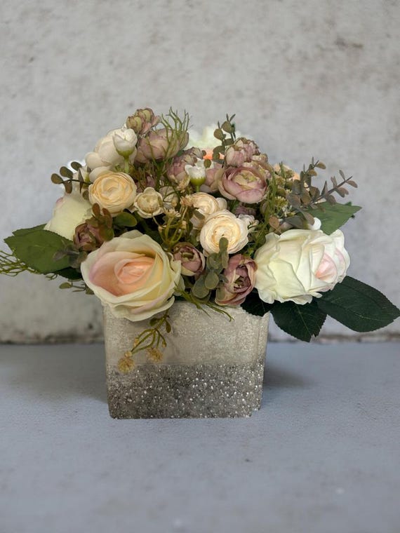 Handmade Faux Rose & Eucalyptus Centerpiece: Rustic Concrete Vase