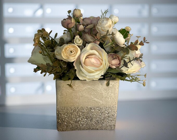 Rustic Faux Floral Arrangement | Cream & Mauve RosesAnd Ranunculus | Handmade Centerpiece | Concrete Vase | Eucalyptus | Neutral Home Decor