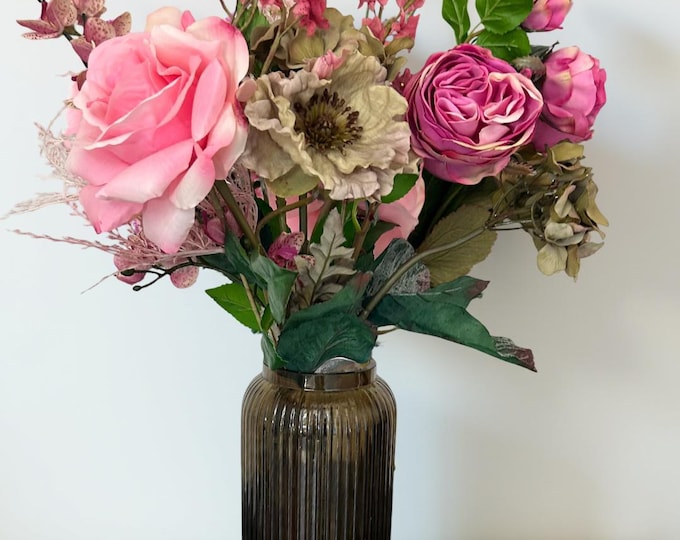 Real Touch Pink Rose & Sage Floral Arrangement – Adjustable, Bendable Stems – No Vase Included