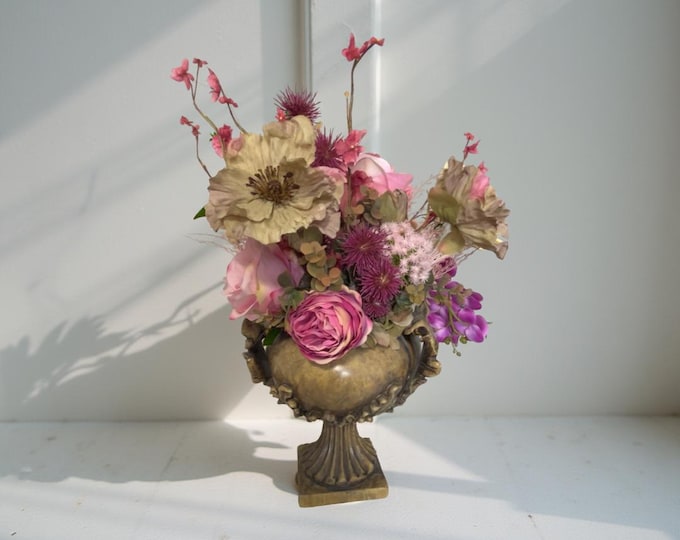 Vintage Vase Faux Floral Centerpiece – Pink Roses, Pampas Grass, Sage Poppies, Fuchsia Orchid