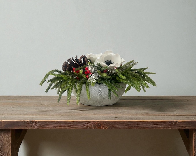 Iced Fir Christmas Centerpiece | Red Berry Poppies, Ceramic Bowl