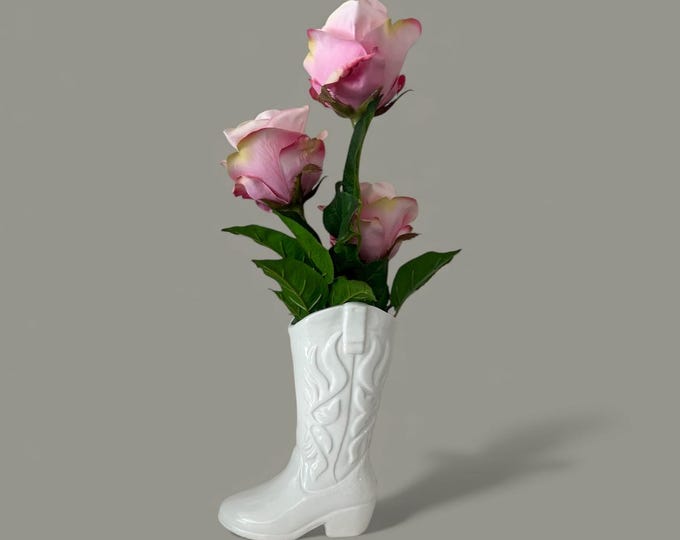 White Ceramic Cowboy Boot Vase – Western Floral Decor