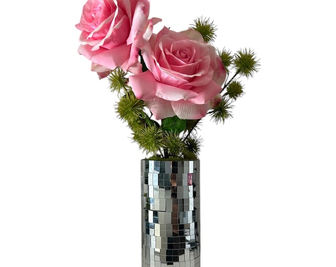 Disco Ball Vase with Pink Roses – Retro Glam Home Decor