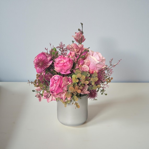 Faux Pink Rose Arrangement: Gray Ceramic Vase, Fresh Touch Floral Decor