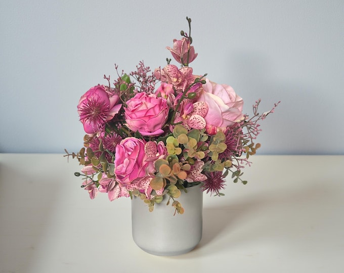 Faux Pink Rose Arrangement: Gray Ceramic Vase, Fresh Touch Floral Decor