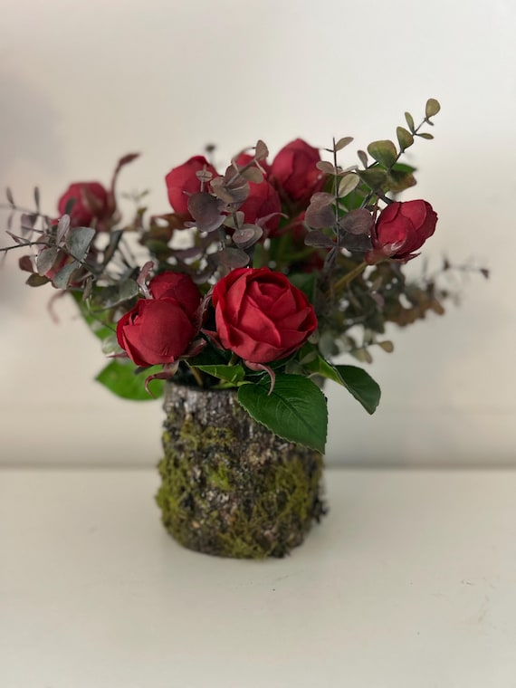 Rustic Faux Rose Arrangement: Mossy Bark Vase, Cottagecore Centerpiece