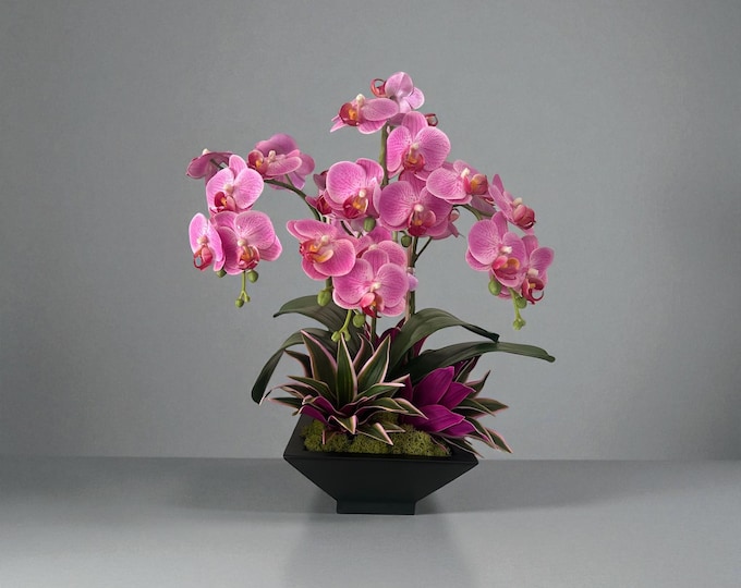 Artificial Pink Orchid Arrangement – Faux Phalaenopsis in Black Pot