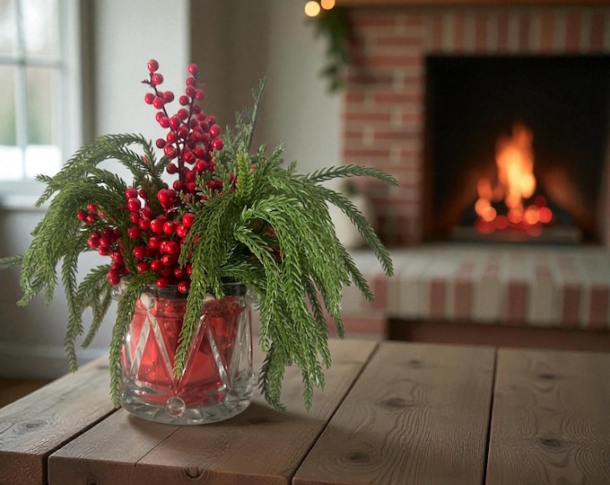 Christmas Floral Arrangement | Faux Red Berries, Evergreen, Crystal Vase