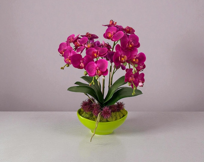 Real Touch Fuschia Orchid Arrangement - Faux Phalaenopsis in Green Pot