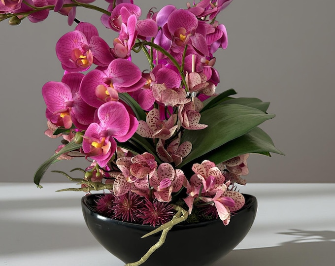 Magenta Silk Orchid Arrangement: Black Vase, Modern Home Decor