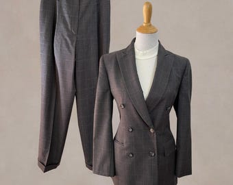 Vintage 90er Jahre Brooks Brothers Wolle Hosenanzug Grau Karierter Longline Blazer Made USA 4