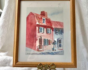 Litografía enmarcada de Ann Nicholls Williams, Nicki Pink House, Charleston, 14"x12"